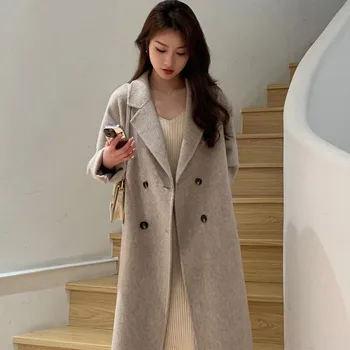 2023 Yeni Kadın Kış Yün Palto Yulaf Rengi Çift taraflı Kaşmir Ceket Orta uzunlukta Ceket Gevşek Hırka Basit Dış Giyim