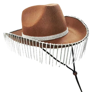 Cowgirl Şapka Rhinestones Saçak Glitter Rave Disko Şapka Cadılar Bayramı Giyinmek Cosplays Parti Kostüm Aksesuarları