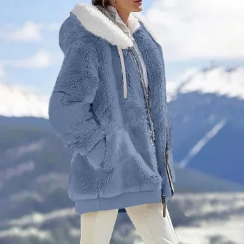 Kadın ceketi 2023 Yeni Bahar Sonbahar Kış Sıcak Peluş Cep Gevşek Peluş Fermuar Kapşonlu Sokak Giyim Gevşek kadın ceketi