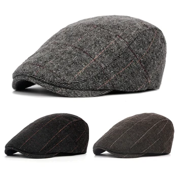 2022New Erkekler Çizgili Bere İlkbahar Sonbahar Kış Klasik Moda Vahşi Newsboy Şapka Vintage Rahat Şapka Ayarlanabilir Yün Sıcak Bere