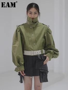 [EEM] Yeşil Büyük Boy Kalın Pamuk dolgulu sıcak Ceket Yeni Yaka Uzun Fener Kollu Kadın Ceket Moda Sonbahar Kış 2023 1DF3028