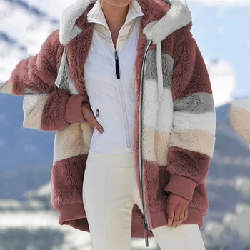 S-5XL Kadınlar Sıcak Peluş Ceketler Kış Kalın Polar Faux Kürk Fermuar Uzun Kollu Kapşonlu 2022 Kadın Rahat Cep Büyük Boy Mont