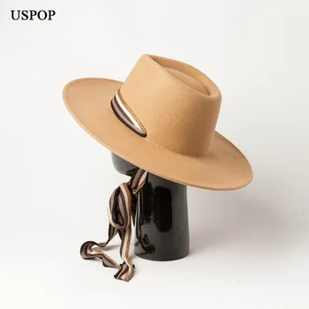 USPOP kadın fedoras şapka geniş ağız yün caz şapka kadın çizgili uzun şerit yün şapka
