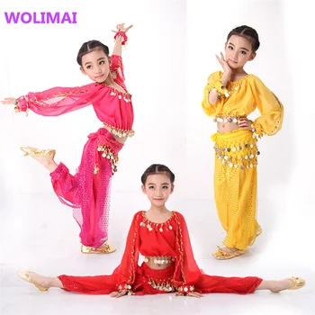 5 ADET/takım Oryantal Dans Kostümleri hint elbisesi Çocuklar Çocuklar için Oryantal Dans Kostümleri Bollywood Dans Kız Hediye S-XXL Uzun Kollu