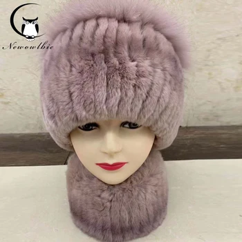 Rusya Sıcak Satış Kış Gerçek Kürk bere Ve Eşarp Seti Kadınlar 100 % Orijinal Gerçek Rex Tavşan Şapka İyi Elastik Örme şapka