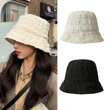Ilkbahar Yaz Gofre kova şapka Kadınlar Casual Katlanabilir Balıkçı Kap Siyah Beyaz Düz Renk Panama Kap Açık güneş şapkası Bob