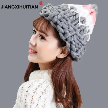 jiangxihuitian Kadınlar Kış Sıcak yün Şapka El Yapımı Örme Kaba Hatları Kablo Şapka örgü bere Şeker Renk Bere Tığ Kapaklar