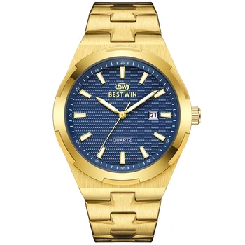 Lüks erkek saatleri Klasik Mavi Altın Reloj erkek Kuvars Kol Saati Zarif İş Adamı Marka Erkek Saatler Takvim Ekran Saati