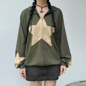 Y2K fermuarlı kapüşonlu kıyafet Harajuku Tarzı Uzun Kollu Gevşek Fit Kadın Kazak Cepler ile Yıldız Yama Bayanlar Casual Streetwear