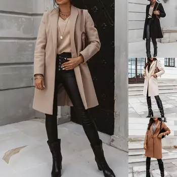 Sıcak satış Yeni Varış Rahat Kadın Sonbahar Kış Cep Yaka Palto Düğmesi Sıcak Uzun Ceket Ceket Haki / Açık Gri / Siyah / Bej