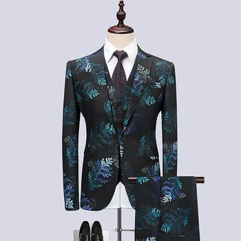 (Ceket + Yelek + Pantolon) 2021 Marka giyim Erkekler yüksek dereceli Blazers 3 ADET / Erkek ince Baskılı damat elbise takım elbise Smokin 6XL