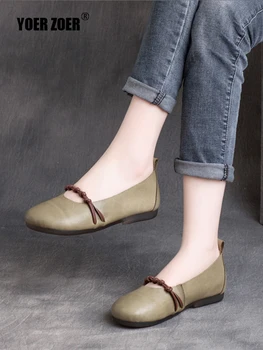 Kadın Loafer'lar 2022 ilkbahar yaz yeni İnek Derisi Etnik ayakkabı Yuvarlak ayak retro yumuşak tabanlı Bayanlar rahat ayakkabılar düz ayakkabı Yumuşak Taban