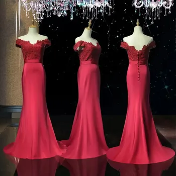 Dantel Saten Uzun gelinlik modelleri Aplikler ile 2022 Kapalı Omuz Mermaid Balo Boncuklu gece elbisesi Vestido De Novia فستان Kırmızı