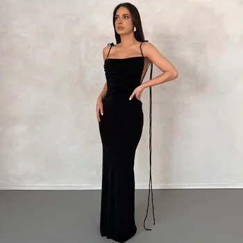 DreamLullaby Basit ve Zarif Resmi Elbise Moda Düz Renk Seksi Backless Zayıflama Bandaj Kadınlar Dantel-up Uzun boyundan bağlamalı elbise