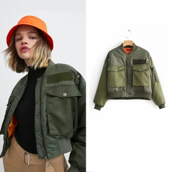 Sokak kadın Yeşil Kısa Ceket Moda Uzun kollu Fermuar Bombacı Retro Ceketler Kadın Ceket 2021 Sonbahar ve Kış Yeni