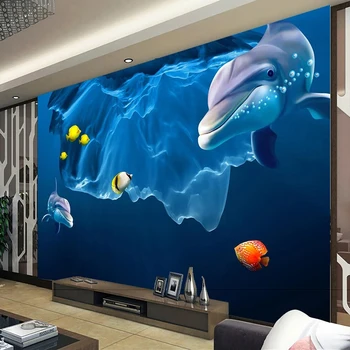 Özel Herhangi Bir Boyut Kendinden Yapışkanlı 3D Sualtı Dünyası TV Arka Plan Duvar çocuk Odası Papel De Parede Tapety Boyama Fresk Etiket