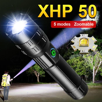 Ultra güçlü LED el fenerleri XHP50 yüksek güç meşale USB şarj ile şarj edilebilir flaş ışıkları lamba uzun atış Zoom kamp