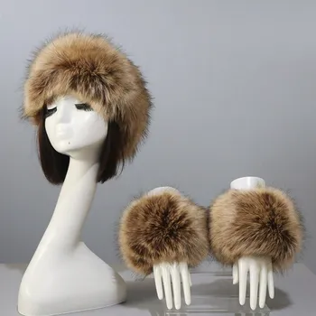 Şapka Manşet Seti Sıcak Taklit Kürk Üstsüz Şapka Kadın Taklit Tilki Kürk Kolluk Bere Sonbahar Kış