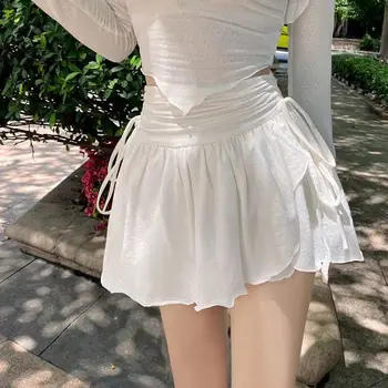 Seksi Sevimli Beyaz Mini Etek Kadın İpli Kıvrımlar Yüksek Bel Düzensiz Fırfır Patchwork Kısa Etekler Mori Kız ipli elbise