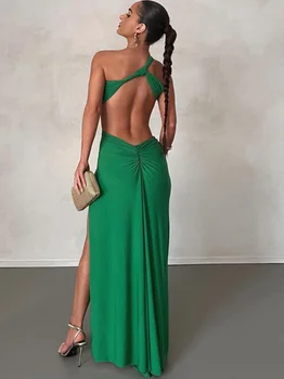 Moda Yeşil Siyah Elbise 2023 Yeni Çapraz Boyun Kesme Uzun yaz elbisesi Aç Geri Seksi Elbise kadın Parti Gece Elbisesi