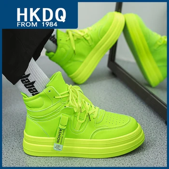 HKDQ Moda Yeşil erkek Kaykay Ayakkabı Sokak Açık Yüksek Top gündelik ayakkabı Erkek Deri Dantel-up Platformu spor ayakkabı Adam