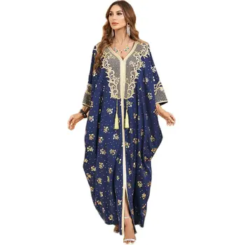 Müslüman kadın Orta Doğu Uzun Batswing Kollu Saçaklı Kraliçe Boyutu Elbise Jalabiya Kadınlar için Abayat Balo Elbise Robe
