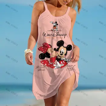 Y2k Elbise Sling Plaj Elbise Gevşek Kawaii Mickey Yaz Elbiseler Kadın 2022 Disney Seksi Karikatür Zarif Kadın Minnie Mouse Boho