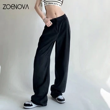 ZOENOVA Vintage Düşük Bel Kadın Kot Yaz 100 % Lyocell Ince Baggy Streetwear Geniş Bacak Kadın Denim Anne Kargo Pantolon Y2K