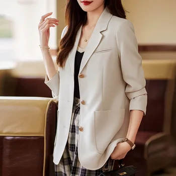 Bej Takım Elbise Ceket Kadınlar için Bahar 2023 Yeni Küçük Moda Mizaç Ofis Giyim Gevşek Büyük Boy Takım Elbise Kahve Blazer Kadın