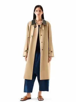 Tasarımcı vintage renk koyun derisi yaka askısı bel gevşek trençkot kadın yeni sonbahar moda lüks düz bacak ceket