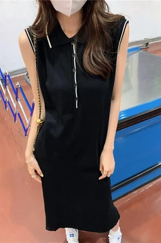 Kore versiyonu yaz elbisesi yeni niş off-omuz kolsuz örme sundress düğme yaka uzun H elbise