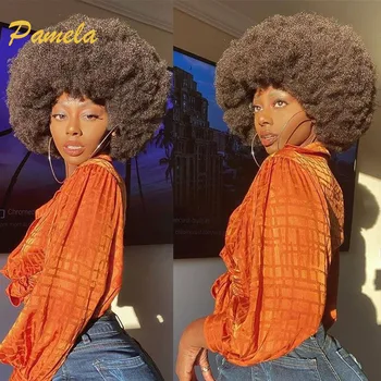 Afro Kinky Kıvırcık Patlama İle İnsan Saçı kısa postiç 180 % Yoğunluk Tam Makine kahküllü peruk Kadınlar İçin Peruk