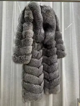 2023 Kış Gerçek Tilki Kürk Ceket Uzun Kadın Doğal Gümüş Tilki Kürk Ceket Moda Lüks Kalın Sıcak Palto Katı Kürk Giyim