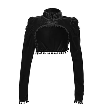 Siyah Kadife Püsküller Standı Yaka Uzun Kollu Ekstra Kısa Steampunk Vintage Ceket Seksi Gotik Giyim Victoria Ceket Kadın