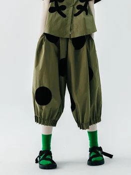 IMAKOKONİ orijinal tasarım Ordu yeşil dalga nokta rahat geniş bacak pantolon elastik bel elastik yaz gevşek dokuz noktalı pantolon 234131