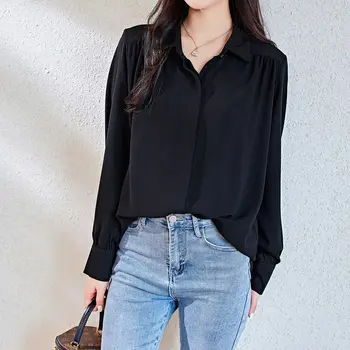 Yeni En Zarif Yaz Bluz Kadınlar Uzun Kollu Büzgü 2023 Kore Moda Rahat Gevşek kadın Tek Göğüslü Gömlek T726