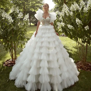 Zarif Dantel Tül Katmanlı Ruffles Gelin düğün elbisesi Kristal Boncuklu Yemyeşil Örgü Gelinlikler Uzun Tren İle