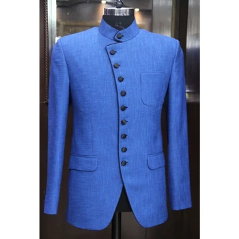 Son Mavi Standı Yaka Erkek Takım Elbise Seti Slim Fit Groomsmen Damat düğün elbisesi Smokin Kostüm Homme Mariage 2 ADET (Blazer + Pantolon)