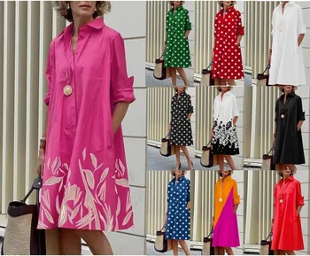 Bluzlar Kadın sonbahar 2023 Trend Katı Polka Dot Baskı Seksi Gömlek Elbise Gevşek Moda Casual Turn-Aşağı Yaka Cep
