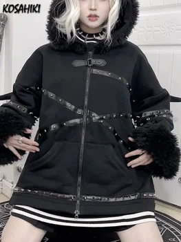 Y2k Vintage Kazak Hırka Ceketler Kadın Perçin Patchwork Siyah Gotik Hoodies Ceket Şeytan Kanatları Punk Estetik Ceket