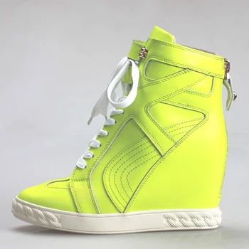 Parlak Neon Patchwork ayak bileği bağcığı Çizmeler Kadın 80MM Kama İç Topuklu Timsah Deri Karışık Renkler Gizli Yükseklik Topuk Ayakkabı