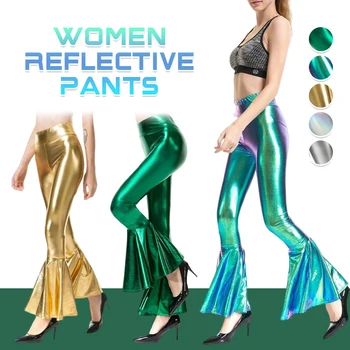 Kadınlar Parlak Lazer Flare Pantolon Metalik Wetlook Fırfır Sıska Streç pantolon Retro 70s Disko Sahne Kulübü Pantolon Çan Dipleri