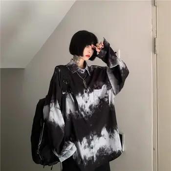 Kadın Bluz 2023 Bahar Siyah Kadın Gömlek Harajuku Gotik Vintage Batik Uzun Kollu Üst Kore Moda Gevşek