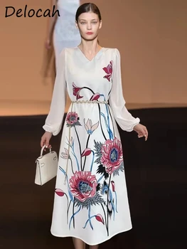 Delocah Yüksek Kalite Yaz Kadın Moda Pist Parti Midi Elbise Uzun Fener Kollu Çiçek Baskılı Büyük Salıncak A-Line Elbiseler