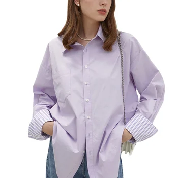 Bahar 2023 Katı Mor Renk Gömlek Bayan Vintage Gevşek Çok Yönlü Üst uzun Kollu Bluz Kore kadın Giyim Ofis Kadın