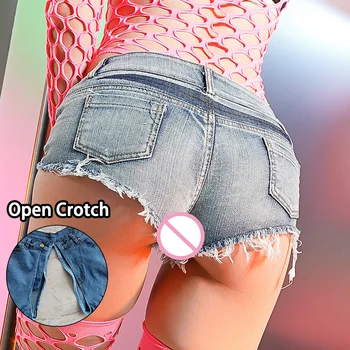 Kadın Crotchless Low Rise Mini Kot Y2k Erkek Arkadaşı Açık Crotch Kot Şort 2023 Açık Seks Oyunu Pilili Kulübü Pantolon Jean
