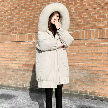 Kış Sıcak Uzun Gevşek Kapşonlu Pamuk Parkas Palto Bayan Zarif Yastıklı Faux Kürk Yaka Palto Kadın Parka Ceketler Dış Giyim