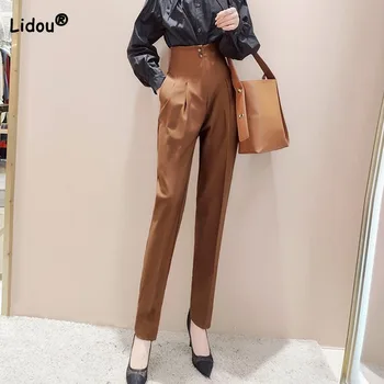 Ofis Bayan Tüm Maç Düz Renk Kırpılmış Pantolon Sonbahar kadın Giyim Sadelik Rahat Kadın Düğmesi Yüksek Bel harem pantolon