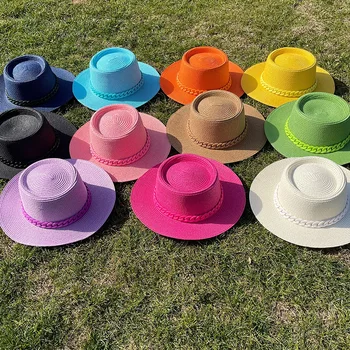Yeni Düz Renk Unisex Ayarlanabilir Caz Hasır Şapka Açık Kadın Sahil Tatil plaj şapkaları Moda İçbükey Dışbükey Üst kapağı