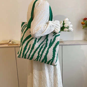 Zebra Desen Örme kadın Çantası Tığ Halat Yan Çanta Vintage omuzdan askili çanta Bayanlar Eko Çanta Kore Alışveriş Örgü Çanta Ins